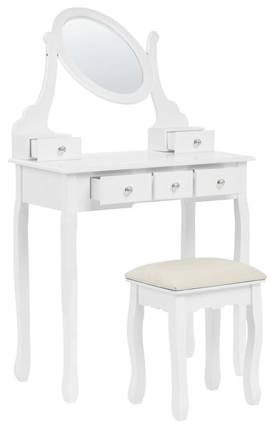 Toaletný stolík biely MDF masívne drevo 140 x 80 cm 5 zásuviek oválne zrkadlo taburetka nábytok do spálne