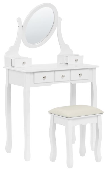 Toaletný stolík biely MDF masívne drevo 140 x 80 cm 5 zásuviek oválne zrkadlo taburetka nábytok do spálne
