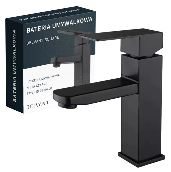 DELVANT SQUARE Umývadlová batéria, nízka kúpeľňová batéria, jednopáková stojanková batéria na umývadlo, nerezová stojanková batéria, čierna