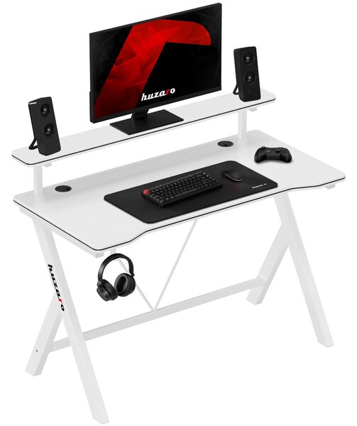 Huzaro Hero 1.9 White - Herný stôl 120 cm s policou, karbónový poťah, vedenie káblov, háčik na slúchadlá, robustná oceľová konštrukcia