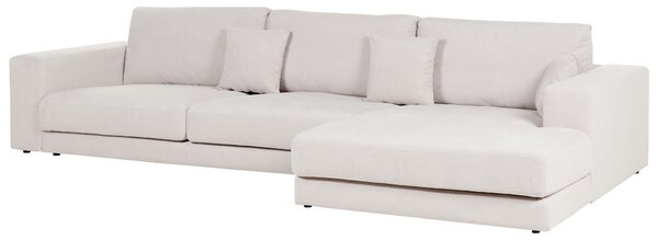 Rohová pohovka 4-miestna krémová biela čalúnená ľavý roh bočné opierky extra vankúše minimalistický moderný štýl