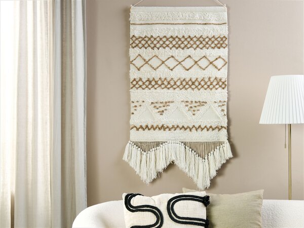 Závesná nástenná dekorácia béžová bavlnená ručne tkaná so strapcami boho dekorácia obývacia izba spálňa