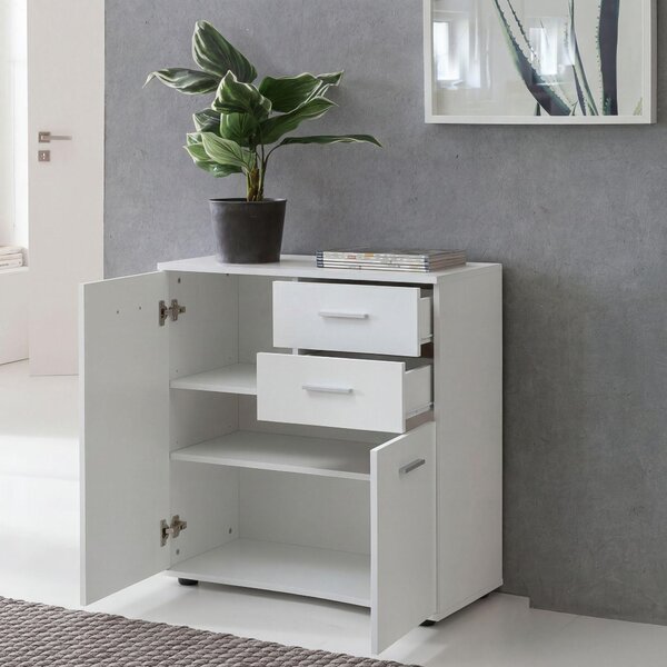 FineBuy Komoda biela s dvierkami a zásuvkami 71 x 78 x 35,5 cm Drevená skriňa Moderná skriňa do predsiene Malá viacúčelová skriňa Komoda Matná