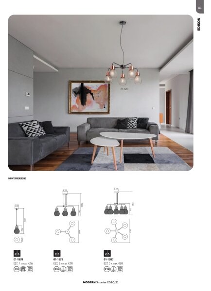 Redo 01-1580 - Luster na lanku EDISON 5xE27/42W/230V priemer 53 cm čierna/medená