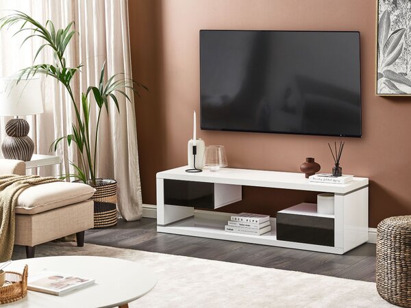 TV stolík biela čierna MDF lesklý povrch úložný priestor 2 zásuvky moderný štýl obývacia izba