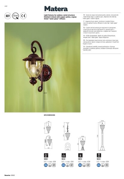 Redo 9634 - Vonkajšia lampa MATERA 1xE27/42W/230V IP33