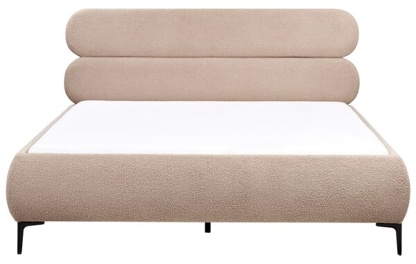 Posteľ sivobéžová buklé čalúnenie čierne kovové nohy 180 x 200 cm lamelový rošt s čelom klasický minimalistický štýl spálňa