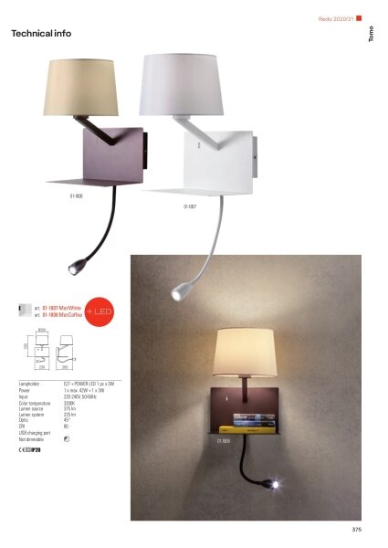 Redo 01-1807 - LED Nástenné svietidlo TOMO 1xE27/42W/230V+LED/3W