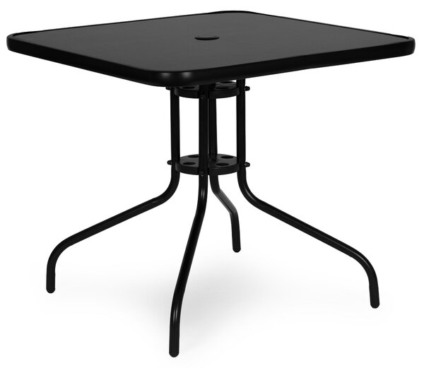 Tvorcový záhradný stolík 80 cm, tvrdené sklo, otvor na slneník, ierny, MultiGarden