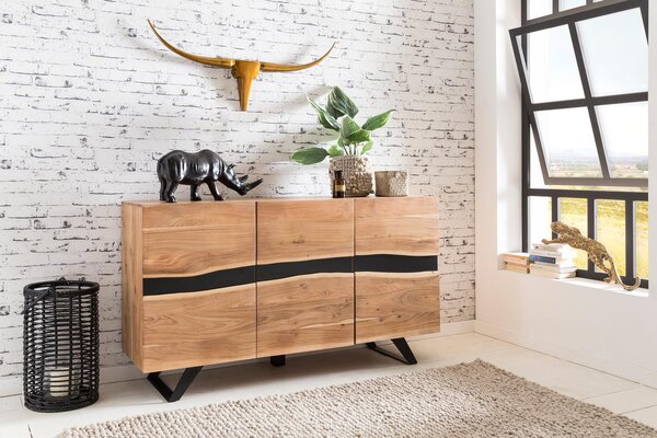 148 x 85 x 43 cm príbor z akácie z prírodného agátu prírodný okraj stromu highboard vo vidieckom štýle s 3 dverami komoda na chodbe | Wohnling