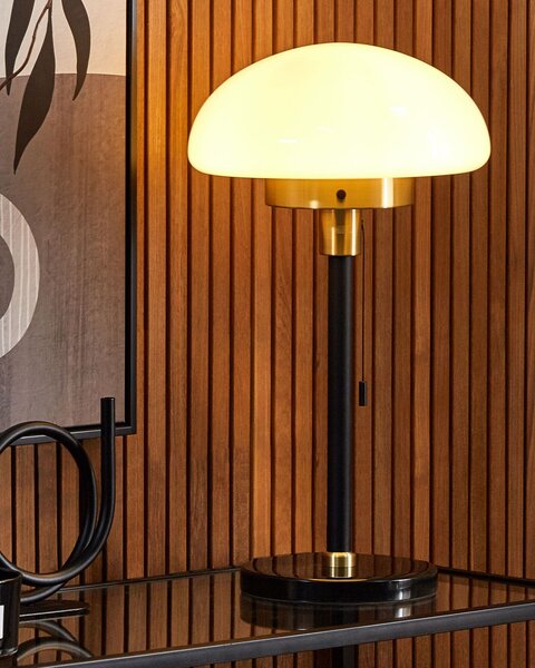 Stolná lampa čierna biela zlatá sklo železo 55 cm pologuľovité tienidlo nočná lampa retro štýl spálňa