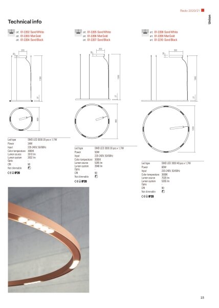 Redo 01-2202 - LED Luster na lanku UNION LED/34W/230V 3000K pr. 60 cm biela