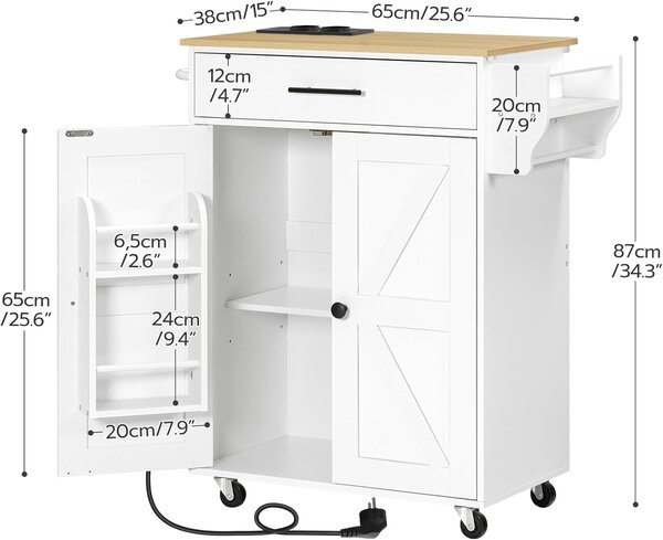 Pojízdný kuchyňský vozík s prodlužovacím kabelem Vasagle Marley 65 cm bílý/dub přírodní