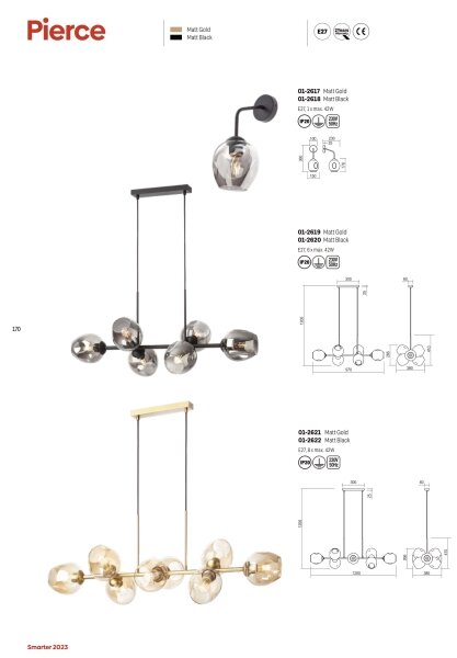 Redo 01-2619 - Luster na lanku PIERCE 6xE27/42W/230V zlatá/dymová