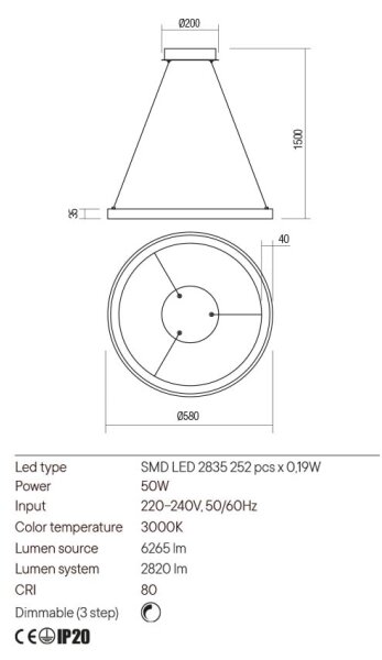 Redo 01-2674- LED Stmievateľný luster na lanku ICONIC LED/50W/230V pr. 58 cm čierna