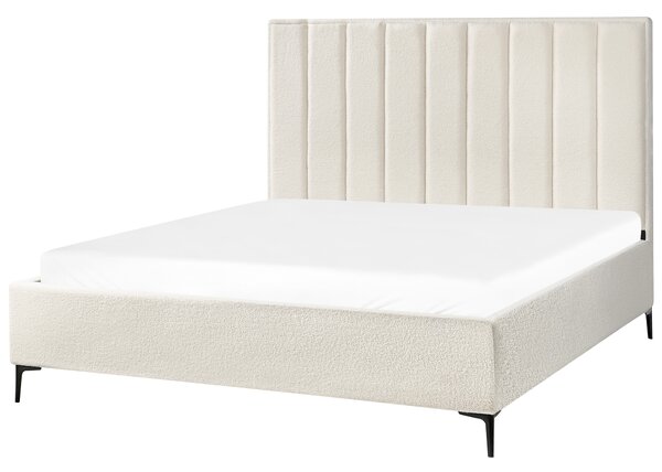 Posteľ s úložným priestorom krémová biela buklé čalúnenie 180 x 200 cm čierne kovové nohy prešívané čelo lamelový rošt moderný štýl spálňa