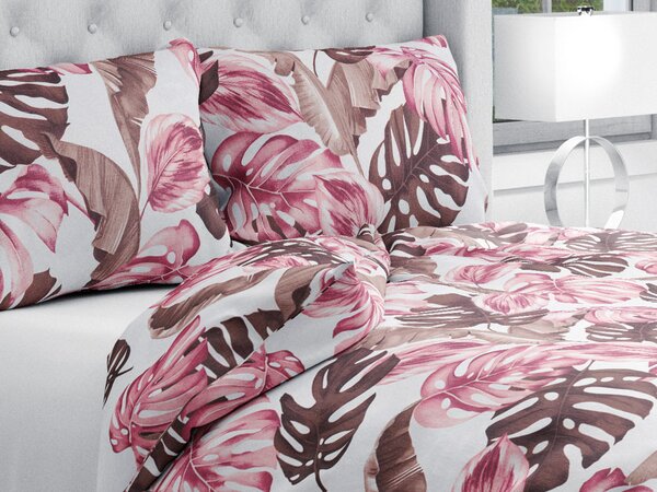 Biante Bavlnené posteľné obliečky Sandra SA-227 Hnedé a staroružové tropické listy na bielom Predĺžené 140x220 a 70x90 cm