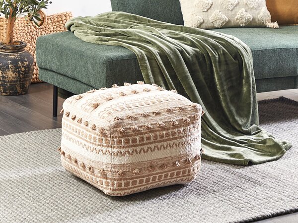 Taburetka béžová bavlnená 50 x 50 x 35 cm EPS výplň hrubý tkaný poťah podnožka boho štýl