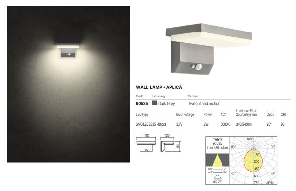 Redo 90535 - LED Solárne svietidlo so senzorom TAIYO LED/2W/3,7V 3000K IP54 antr