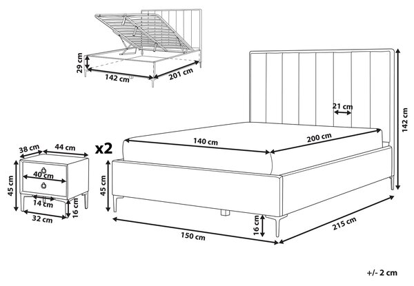 Sada nábytku do spálne krémová biela buklé čalúnenie posteľ s úložným priestorom 140 x 200 cm lamelový rošt 2 nočné stolíky moderný štýl