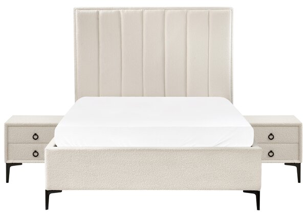 Sada nábytku do spálne krémová biela buklé čalúnenie posteľ s úložným priestorom 140 x 200 cm lamelový rošt 2 nočné stolíky moderný štýl