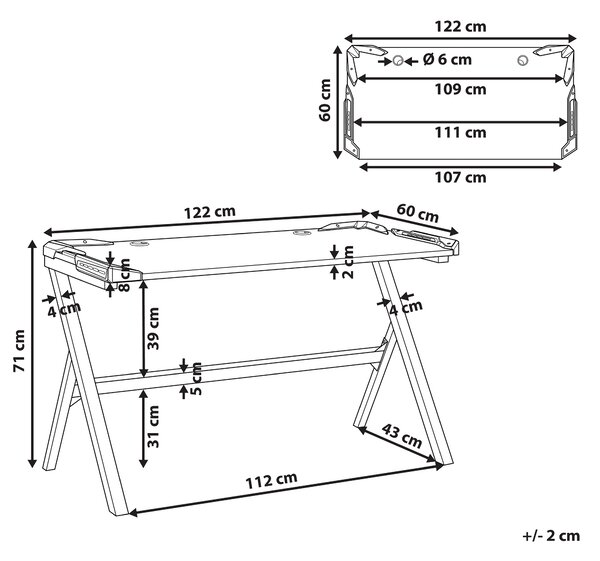 Herný stôl čierna MDF kov 120 x 60 cm obdĺžnikový tvar RGB LED svetlá moderný štýl kancelária