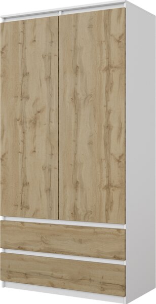 Šatníková skriňa JOELLE 90 cm biela matná / dub wotan, otočné dvere, 2 dvere, 2 zásuvky, tyč na oblečenie, 3 priehradky, Š90 x V180 x H50 cm