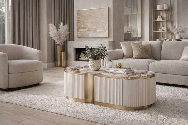 LivinHill Konferenční stolek Stilig ST914B 122 cm mramor/krémový/zlatý