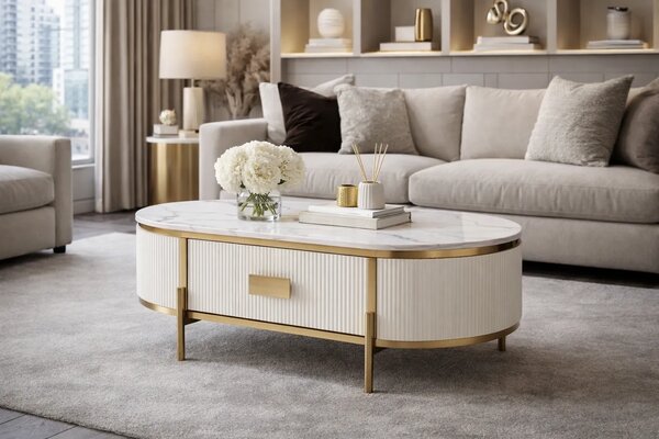 LivinHill Konferenční stolek Stilig ST380C 124 cm zlatý/bílý mramor