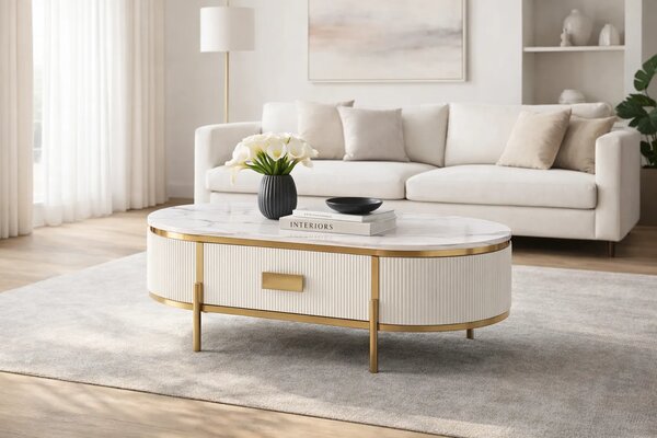 LivinHill Konferenční stolek Stilig ST380C 124 cm zlatý/bílý mramor