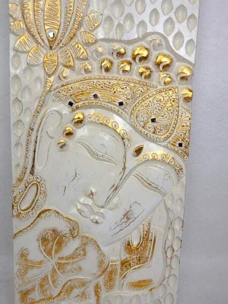 Dekorácia na stenu BUDHA biely, 120x30 cm, exotické drevo, ručná práca