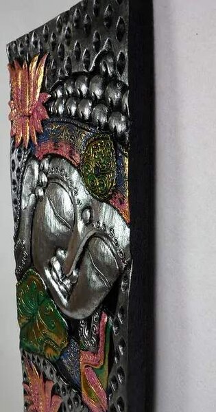 Dekorácia na stenu BUDHA strieborný, 120x30 cm, exotické drevo, ručná práca
