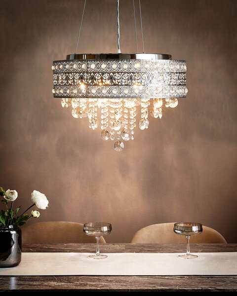Luster strieborný železný chrómovaný povrch závesná lampa s krištáľmi glamour štýl obývacia izba