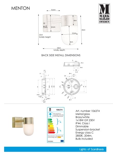 Markslöjd 106374 - Kúpeľňové nástenné svietidlo MENTON 1xG9/18W/230V IP44