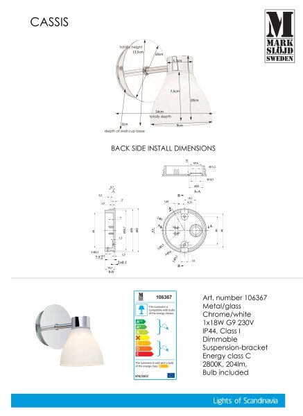 Markslöjd 106367 - Kúpeľňové nástenné svietidlo CASSIS 1xG9/18W/230V IP44