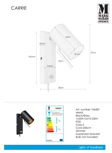 Markslöjd 106587 - Stmievateľné nástenné svietidlo CARRIE 1xGU10/35W/230V čierna