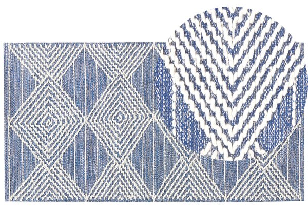Koberec svetlobéžový a modrý 80 x 150 cm vlna a polyester ručne tkaný s geometrickým vzorom boho obývacia izba spálňa