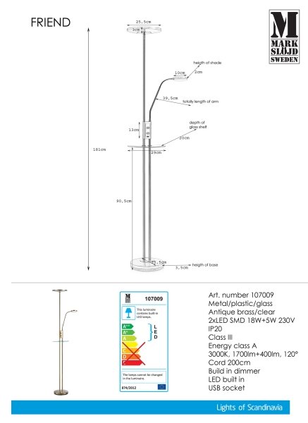 Markslöjd 107009 - LED Stmievateľná stojacia lampa FRIEND LED/18W/230V + LED/5W