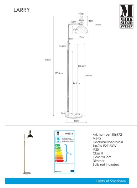 Markslöjd 106972 - Stmievateľná stojacia lampa LARRY 1xE27/60W/230V čierna/zlatá