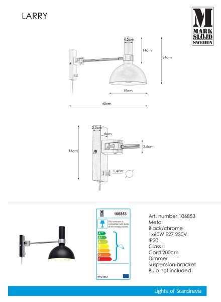 Markslöjd 106970 - Stmievateľné nástenné svietidlo LARRY 1xE27/60W/230V