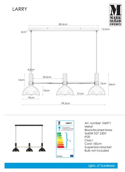 Markslöjd 106971 - Luster na lanku LARRY 3xE27/60W/230V čierna/zlatá