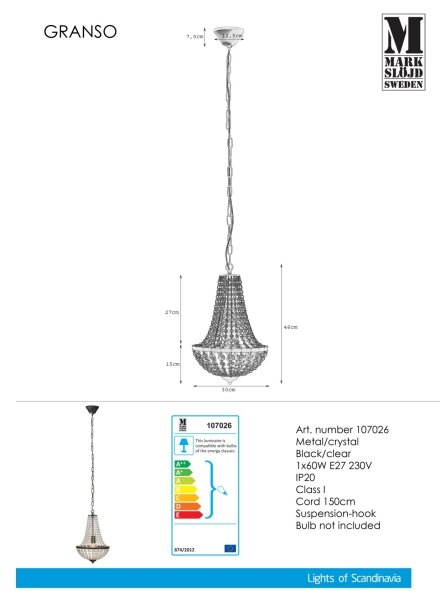 Markslöjd 107026 - Krištáľový luster na reťazi GRÄNSÖ 1xE27/60W/230V