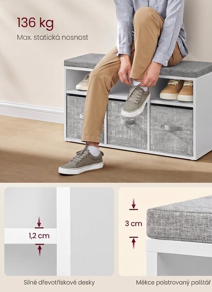 SONGMICS Botník se sedákem Vasagle Lopy 87 cm bílý/šedý