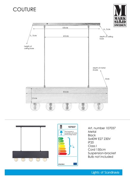 Markslöjd 107037 - Luster na lanku COUTURE 5xE27/40W/230V čierna