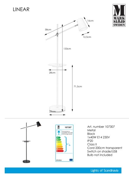 Markslöjd 107307 - Stojacia lampa s USB LINEAR 1xE14/40W/230V