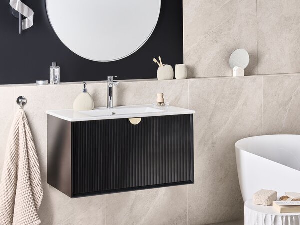 Závesná kúpeľňová skrinka s umývadlom čierna MDF 80 x 43 cm s 2 zásuvkami úložný priestor moderný štýl kúpeľňa