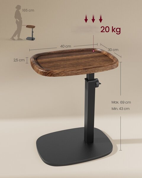 SONGMICS Výškovo nastaviteľný odkladací stolík Vasagle Cujo 40 cm čierny/orech