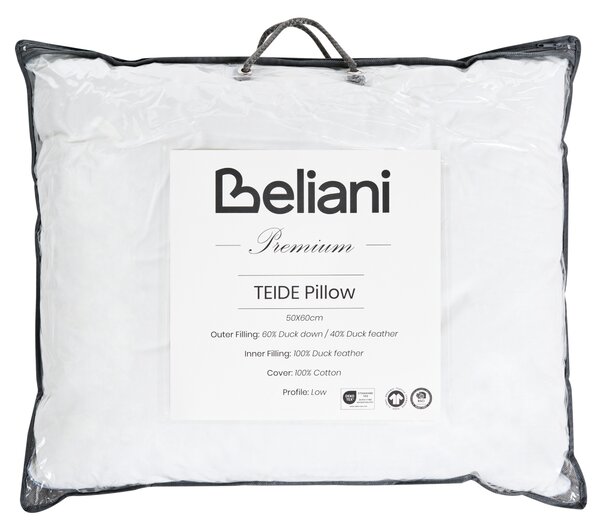 Nízky vankúš na spanie biely trojkomorový kačacie perie a páperie 50 x 60 cm prémiový bavlnený poťah