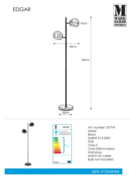 Markslöjd 107741 - Stojacia lampa EDGAR 2xE14/40W/230V