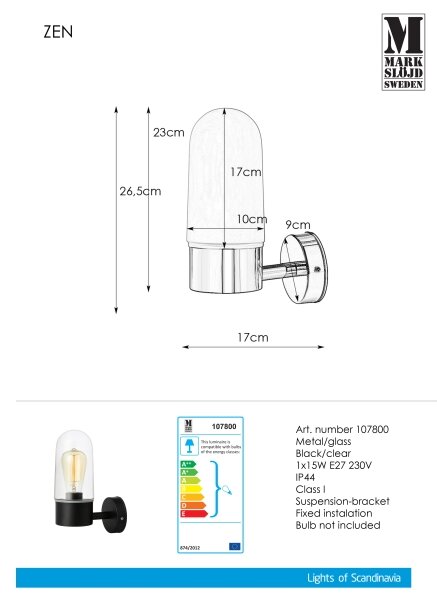 Markslöjd 107800 - Kúpeľňové nástenné svietidlo ZEN 1xE27/15W/230V IP44